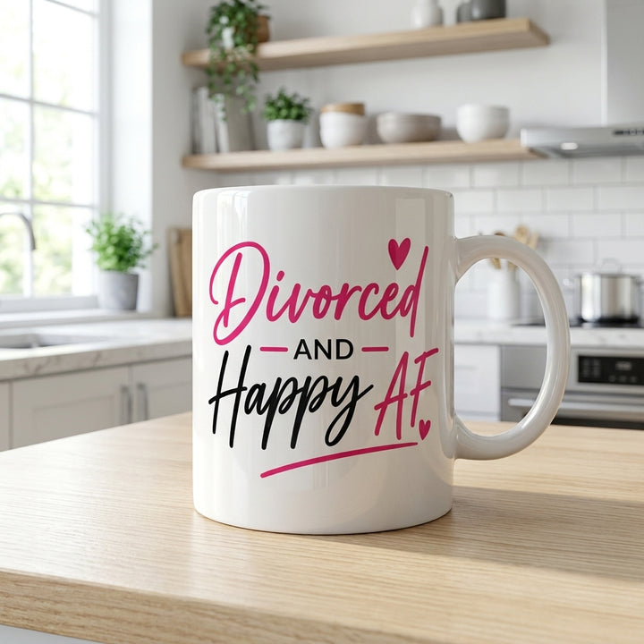 Divorced and Happy AF Script Mug — White | 11oz & 15oz Double-Sided Ceramic Mug